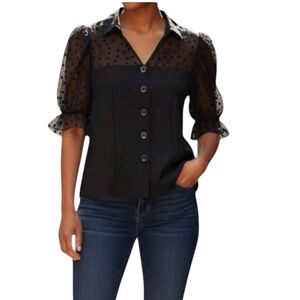 Many Thanks Sheer Top Polka Dot Button Up Blouse Size Medium